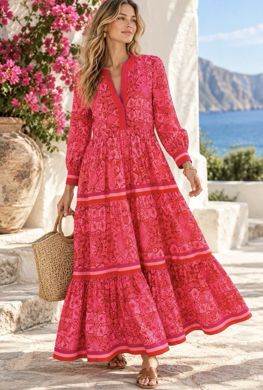 Ro’s Garden Pink Red Floral Tiered Maxi Dress XS 100% Cotton Boho Resort